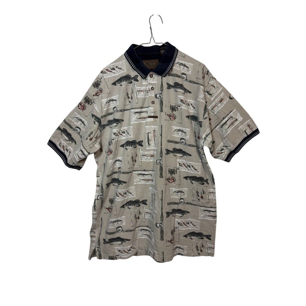 Magellan Sportswear Polo Shirt Mens XL Tan Fishing Lure Bass Print Short Sleeve
